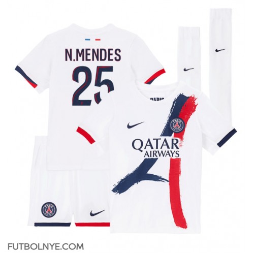 Camiseta Paris Saint-Germain Nuno Mendes #25 Visitante Equipación para niños 2024-25 manga corta (+ pantalones cortos)